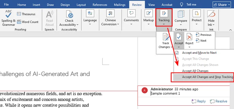 Accetta tutte le modifiche nei documenti Word