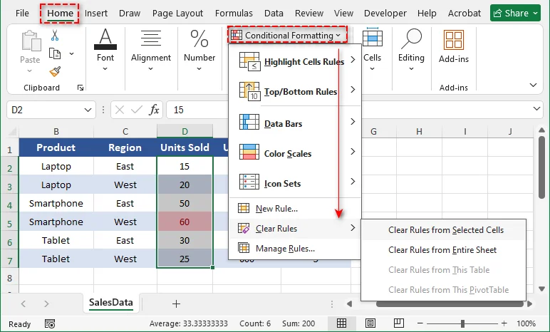 Menu Limpar Regras do Excel para remover formatação condicional