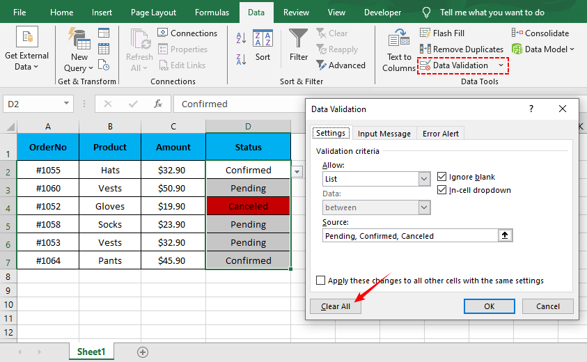 Excel Data Validation dialog to clear drop-down