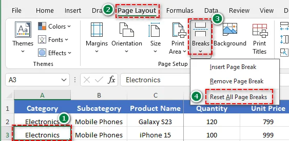Reset all page breaks in Excel
