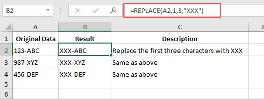 Screenshot che mostra il risultato dopo aver sostituito il testo in Excel con la funzione REPLACE