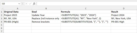 Screenshot che mostra il risultato dopo aver sostituito il testo in Excel con la funzione SUBSTITUTE