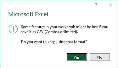 CSV로 저장할 때 일부 기능이 손실될 수 있다는 Excel 경고