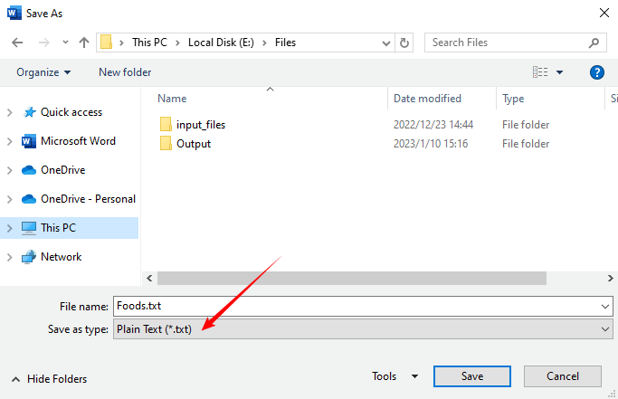 Salva un file HTML in un file di testo usando MS Word.