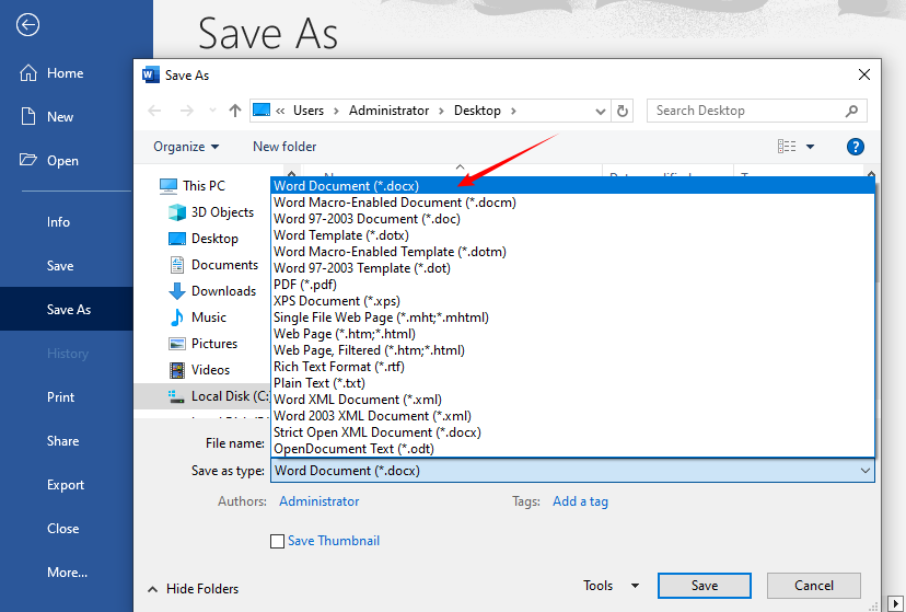 Microsoft Word를 사용하여 TXT 파일을 docx 형식으로 저장