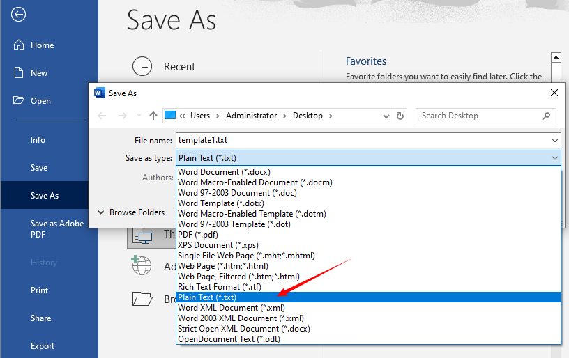 Save DOCX file as a plain text file using MS Word