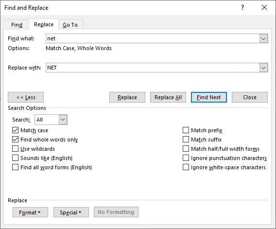 Specify search options