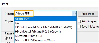 Sélectionnez Adobe PDF comme imprimante