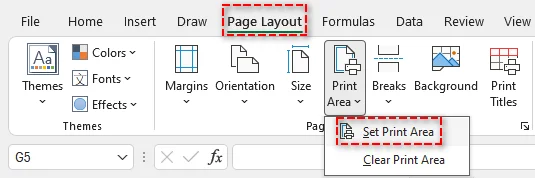 Excel Set Print Area button in Page Layout tab