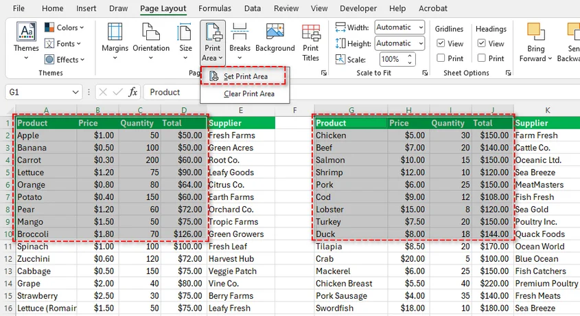 Select multiple ranges for print area in Excel