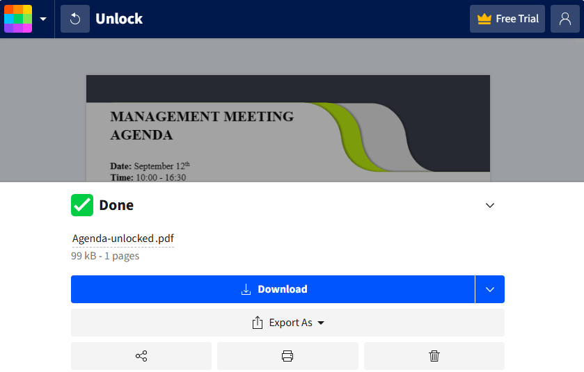 Interfaz de la herramienta en línea para desbloquear permisos de PDF de Smallpdf