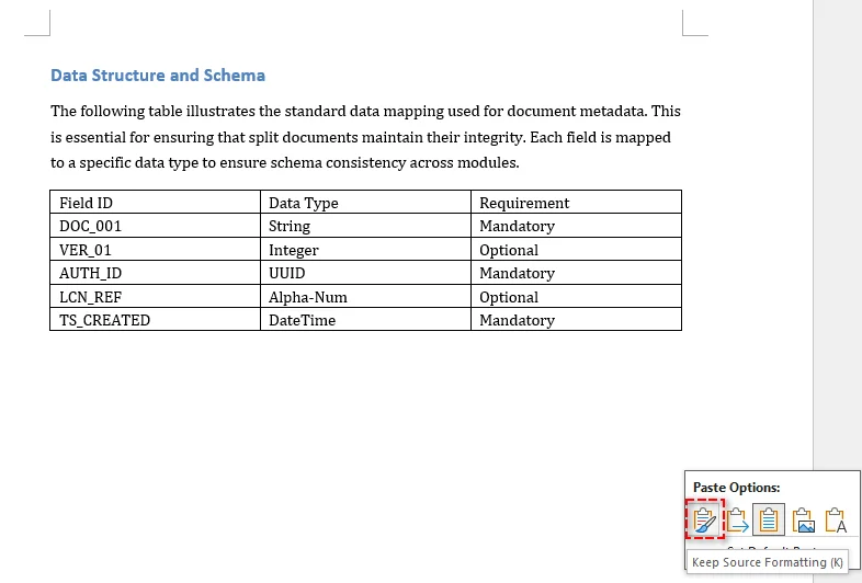 Colar o conteúdo copiado em um novo documento Word mantendo a formatação original