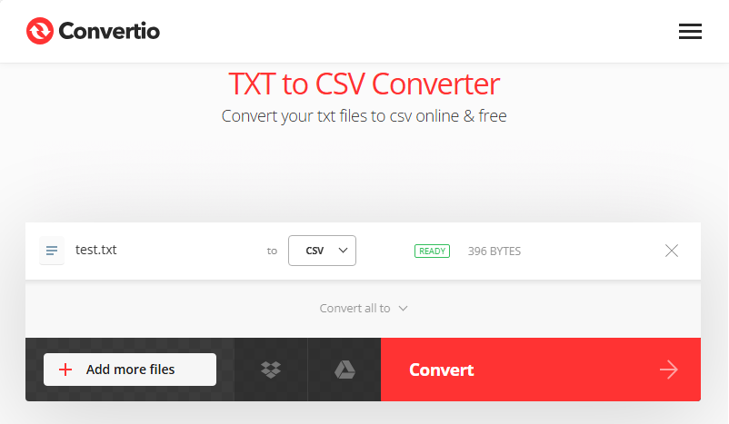 Convertidor gratuito en línea de TXT a CSV de Convertio