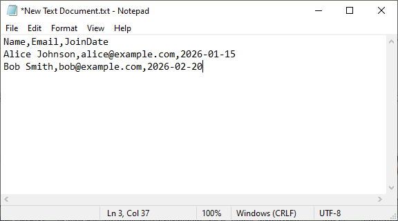 CSV 데이터가 있는 텍스트 편집기