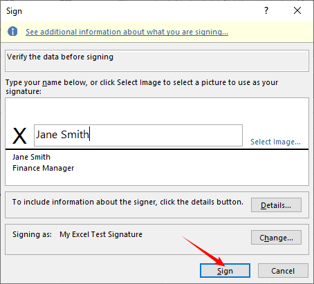 Diálogo de línea de firma de Excel que permite al usuario escribir un nombre, seleccionar una imagen o dibujar una firma.