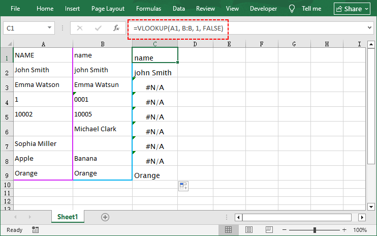 Fórmula BUSCARV de Excel para comparar dos columnas y devolver un valor