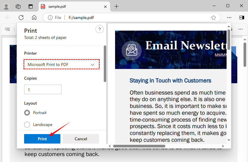 Fonctionnalité d'impression au format PDF de Windows pour supprimer les métadonnées