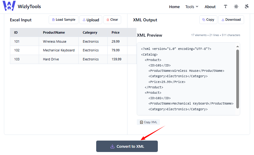 Pagina del convertitore WizlyTools con opzioni per definire gli elementi radice e riga XML.