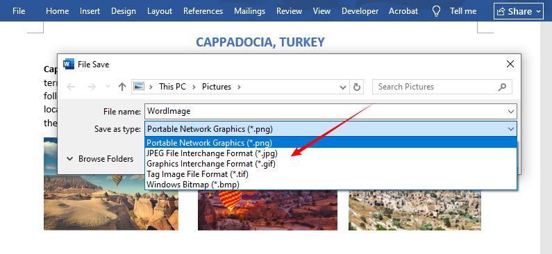 Choose location and format while saving an image