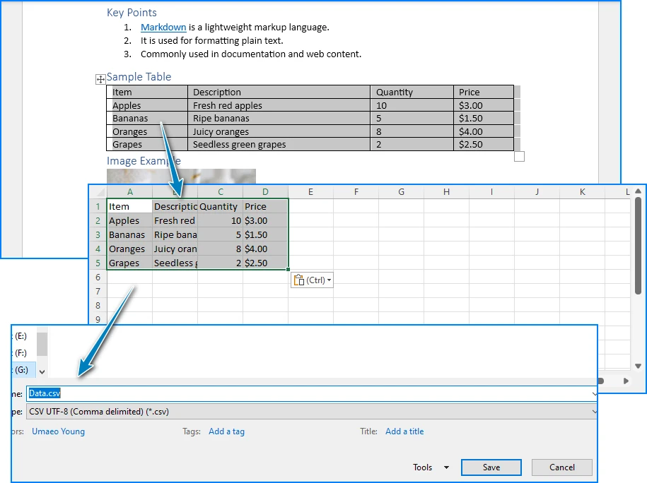 Convert Word table to CSV using Microsoft Office