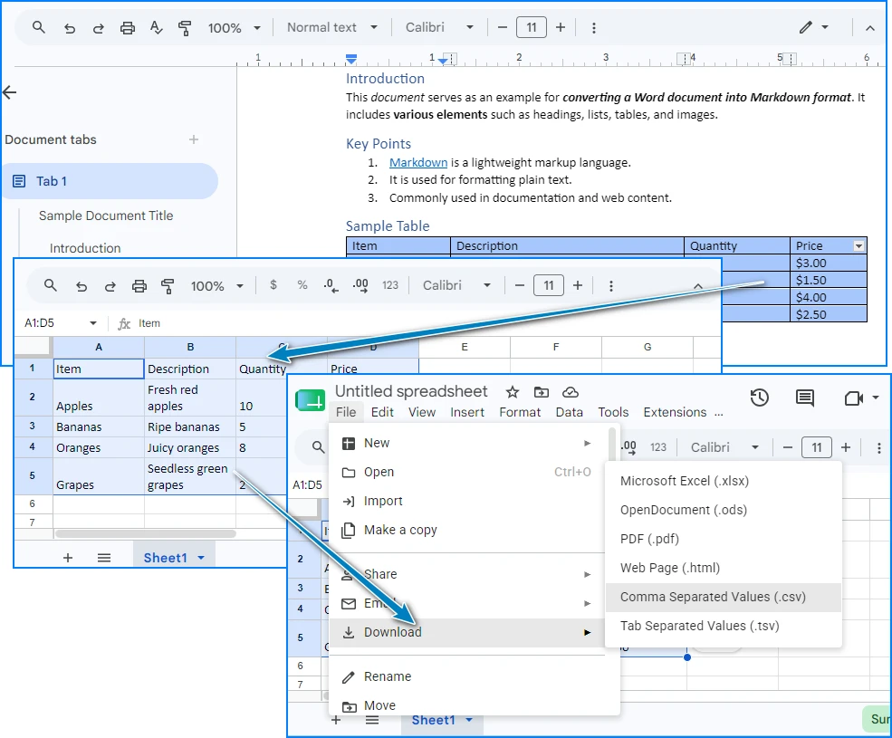 Convert Word to CSV using Google Sheets